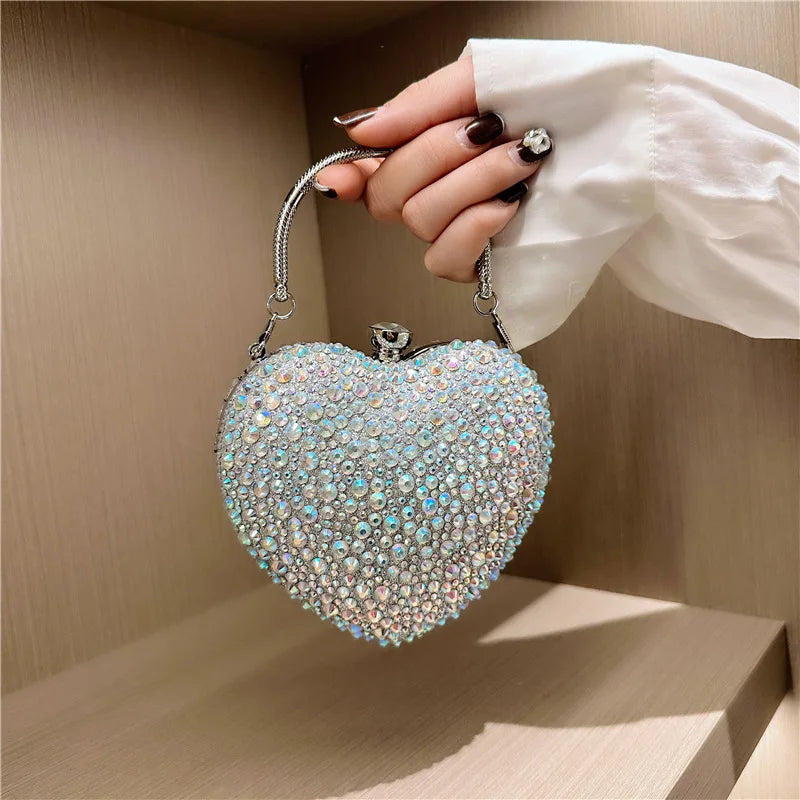 Luxo diamante incrustação forma de coração cristal bolsa embreagem pedras noite festa casamento bolsa ombro alça strass mini bolsas
