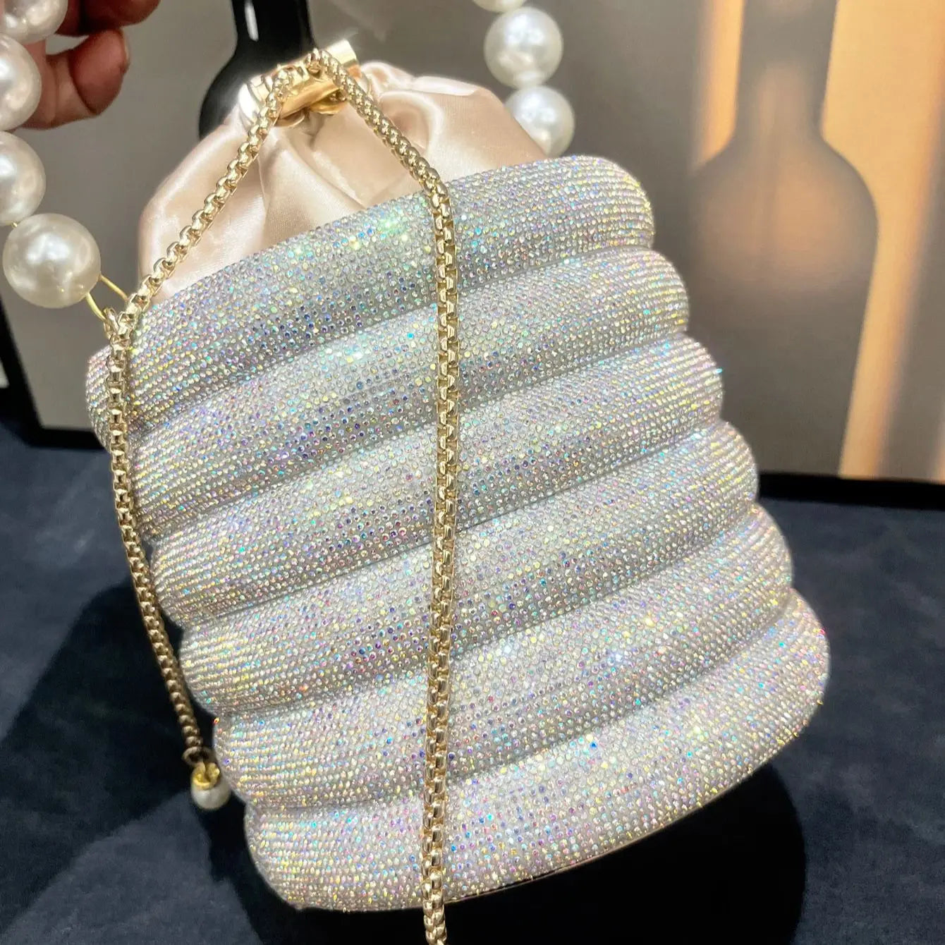 Bolsa de mão de noite com strass feita à mão, bolsa de ombro de designer de luxo, bolsa de mão de cristal brilhante, bolsa balde