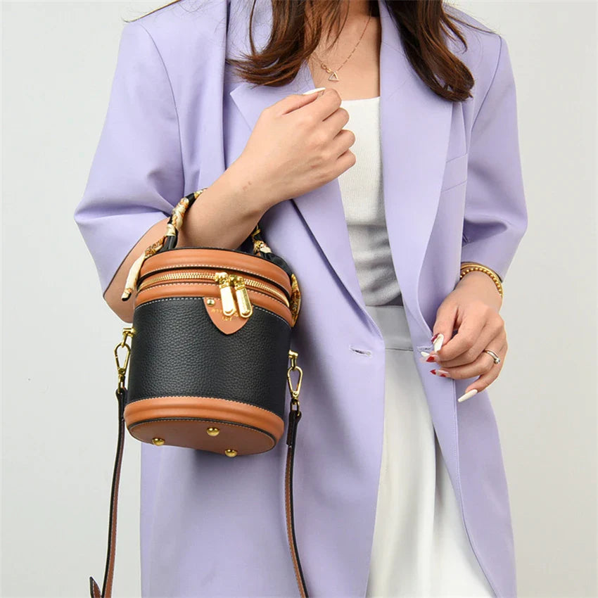 Bolsa de ombro cilíndrica feminina moda balde saco senhoras pequena bolsa designer couro genuíno crossbody sacos para mulheres sac