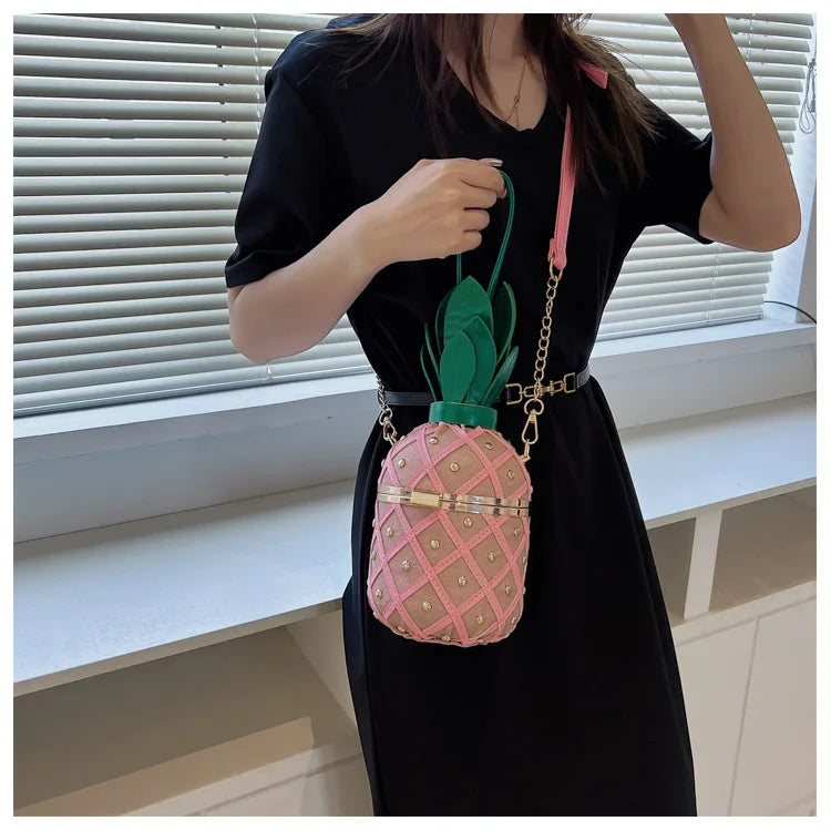 Bolsa de Ombro Bonito Design Abacaxi para Mulheres, Bolsa Crossbody, Bolsa de Corrente de Metal, Moda, Originalidade, Senhoras, 2023