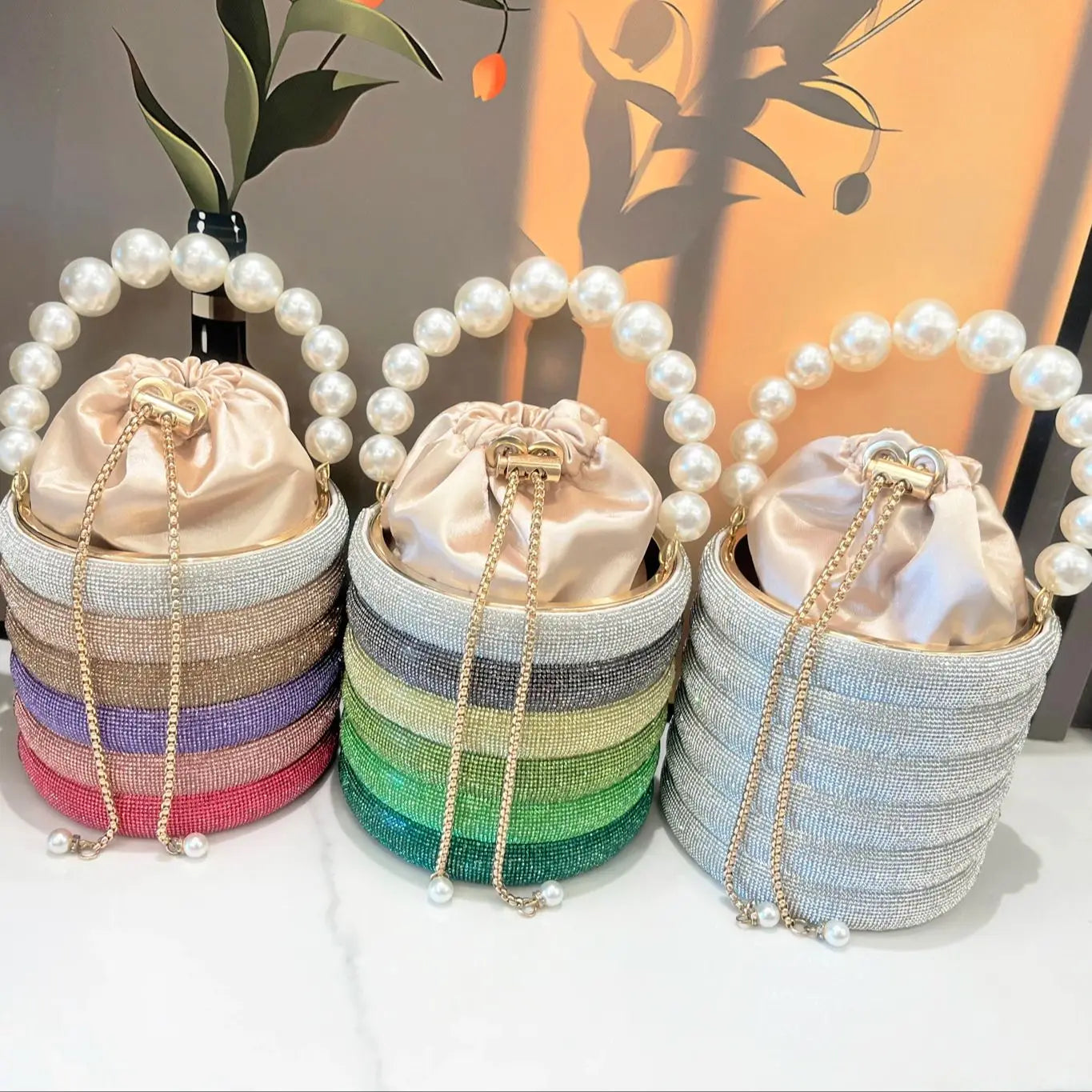 Bolsa de mão de noite com strass feita à mão, bolsa de ombro de designer de luxo, bolsa de mão de cristal brilhante, bolsa balde