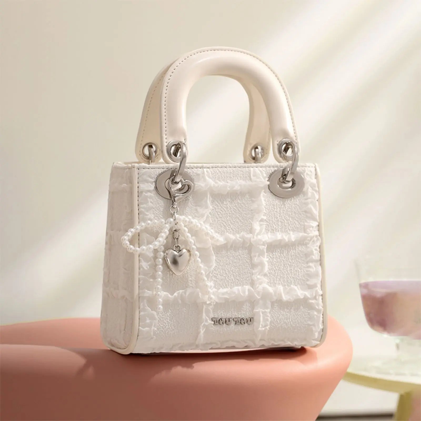 TOUTOU-Mini Diamante Malha Imprimir Bolsa de Ombro, Arco Quadrado, Bonito Amor Charme Bolsa, Sênior Sentido, Moda, Menina