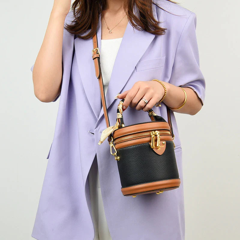 Bolsa de ombro cilíndrica feminina moda balde saco senhoras pequena bolsa designer couro genuíno crossbody sacos para mulheres sac