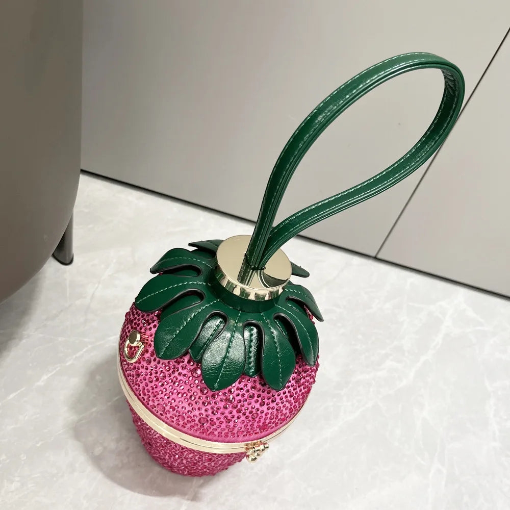 Rhinestone Evening Clutch Bag para mulheres, Strawberry Purse, Luxury Designer Handle, Shoulder Bucket Handbag para banquete de casamento
