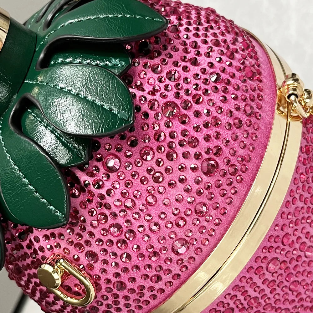 Rhinestone Evening Clutch Bag para mulheres, Strawberry Purse, Luxury Designer Handle, Shoulder Bucket Handbag para banquete de casamento