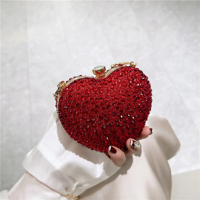 Luxo diamante incrustação forma de coração cristal bolsa embreagem pedras noite festa casamento bolsa ombro alça strass mini bolsas