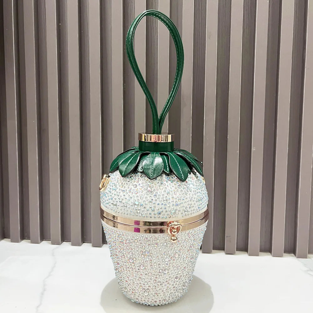 Rhinestone Evening Clutch Bag para mulheres, Strawberry Purse, Luxury Designer Handle, Shoulder Bucket Handbag para banquete de casamento