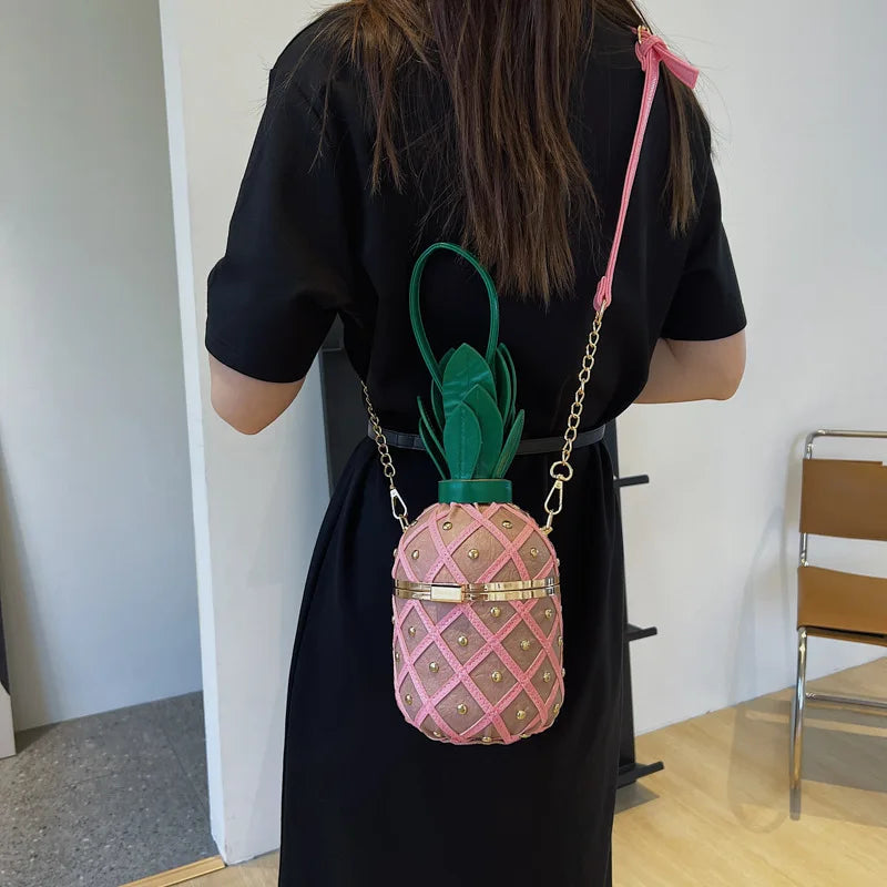 Bolsa de Ombro Bonito Design Abacaxi para Mulheres, Bolsa Crossbody, Bolsa de Corrente de Metal, Moda, Originalidade, Senhoras, 2023