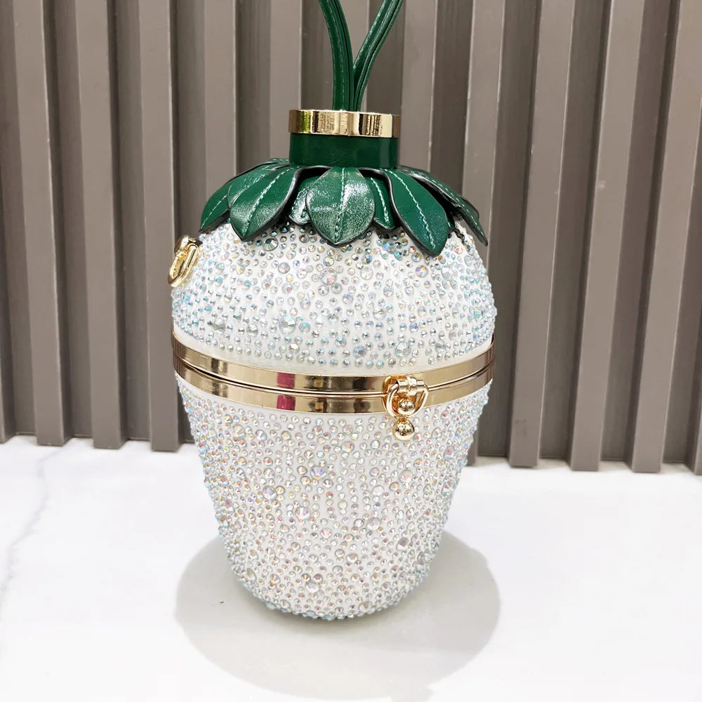Rhinestone Evening Clutch Bag para mulheres, Strawberry Purse, Luxury Designer Handle, Shoulder Bucket Handbag para banquete de casamento
