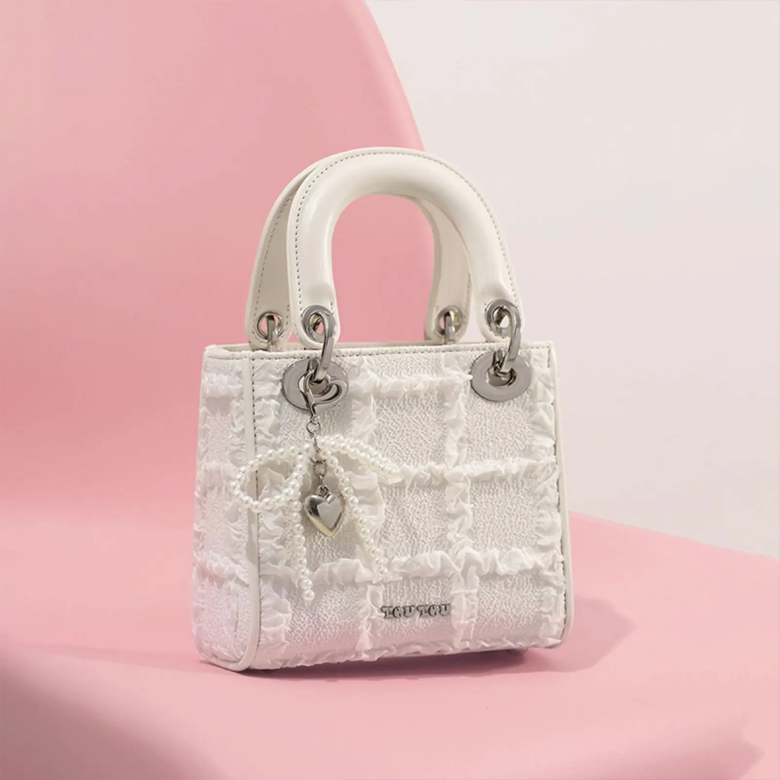 TOUTOU-Mini Diamante Malha Imprimir Bolsa de Ombro, Arco Quadrado, Bonito Amor Charme Bolsa, Sênior Sentido, Moda, Menina