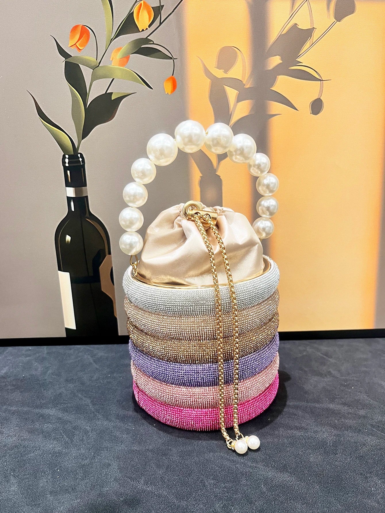 Bolsa de mão de noite com strass feita à mão, bolsa de ombro de designer de luxo, bolsa de mão de cristal brilhante, bolsa balde