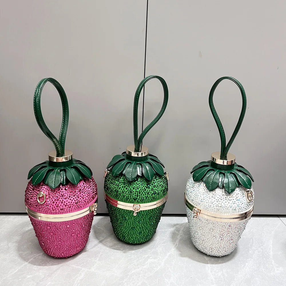Rhinestone Evening Clutch Bag para mulheres, Strawberry Purse, Luxury Designer Handle, Shoulder Bucket Handbag para banquete de casamento