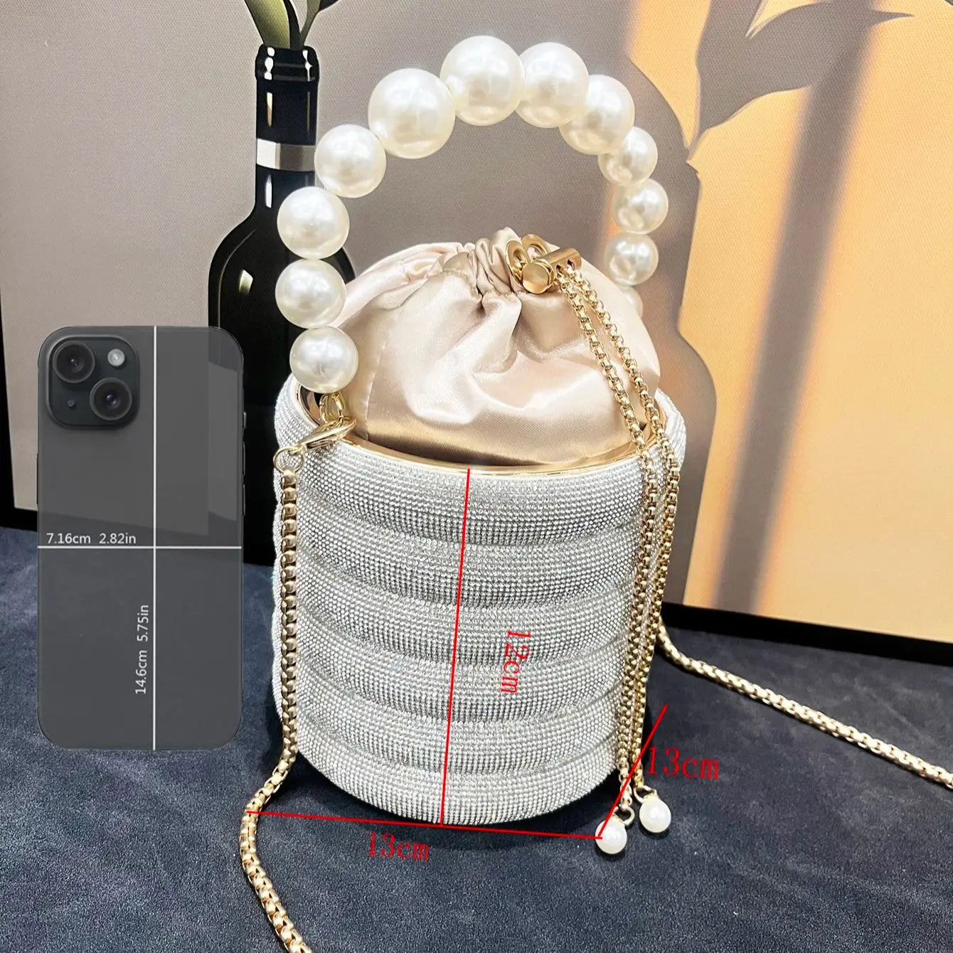 Bolsa de mão de noite com strass feita à mão, bolsa de ombro de designer de luxo, bolsa de mão de cristal brilhante, bolsa balde