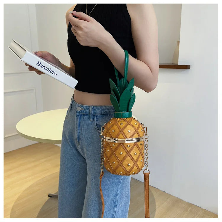 Bolsa de Ombro Bonito Design Abacaxi para Mulheres, Bolsa Crossbody, Bolsa de Corrente de Metal, Moda, Originalidade, Senhoras, 2023