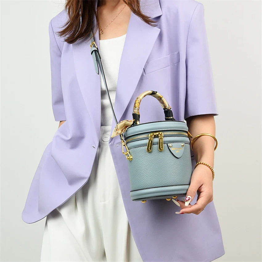 Bolsa de ombro cilíndrica feminina moda balde saco senhoras pequena bolsa designer couro genuíno crossbody sacos para mulheres sac