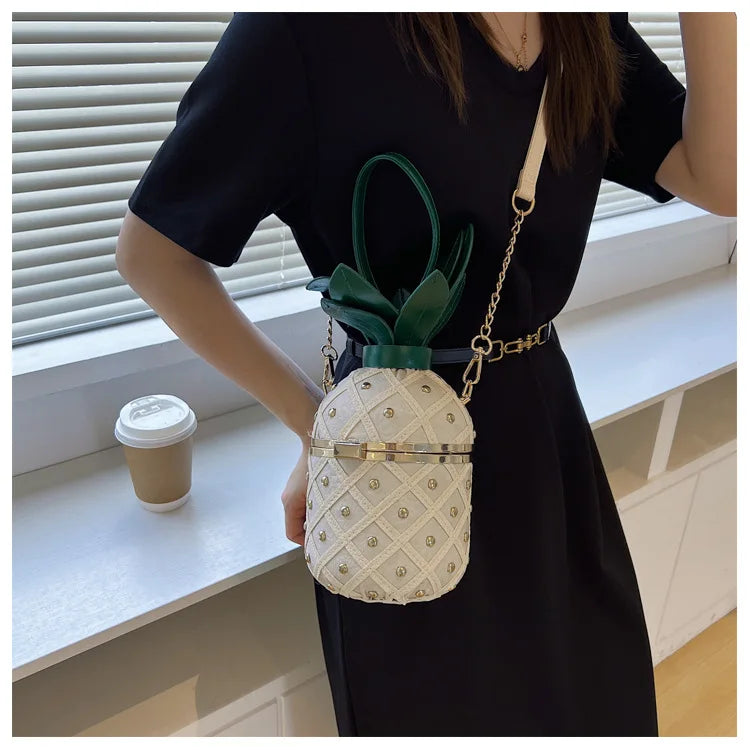 Bolsa de Ombro Bonito Design Abacaxi para Mulheres, Bolsa Crossbody, Bolsa de Corrente de Metal, Moda, Originalidade, Senhoras, 2023