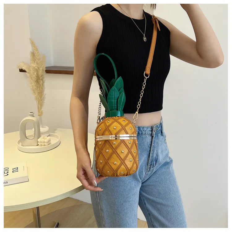 Bolsa de Ombro Bonito Design Abacaxi para Mulheres, Bolsa Crossbody, Bolsa de Corrente de Metal, Moda, Originalidade, Senhoras, 2023