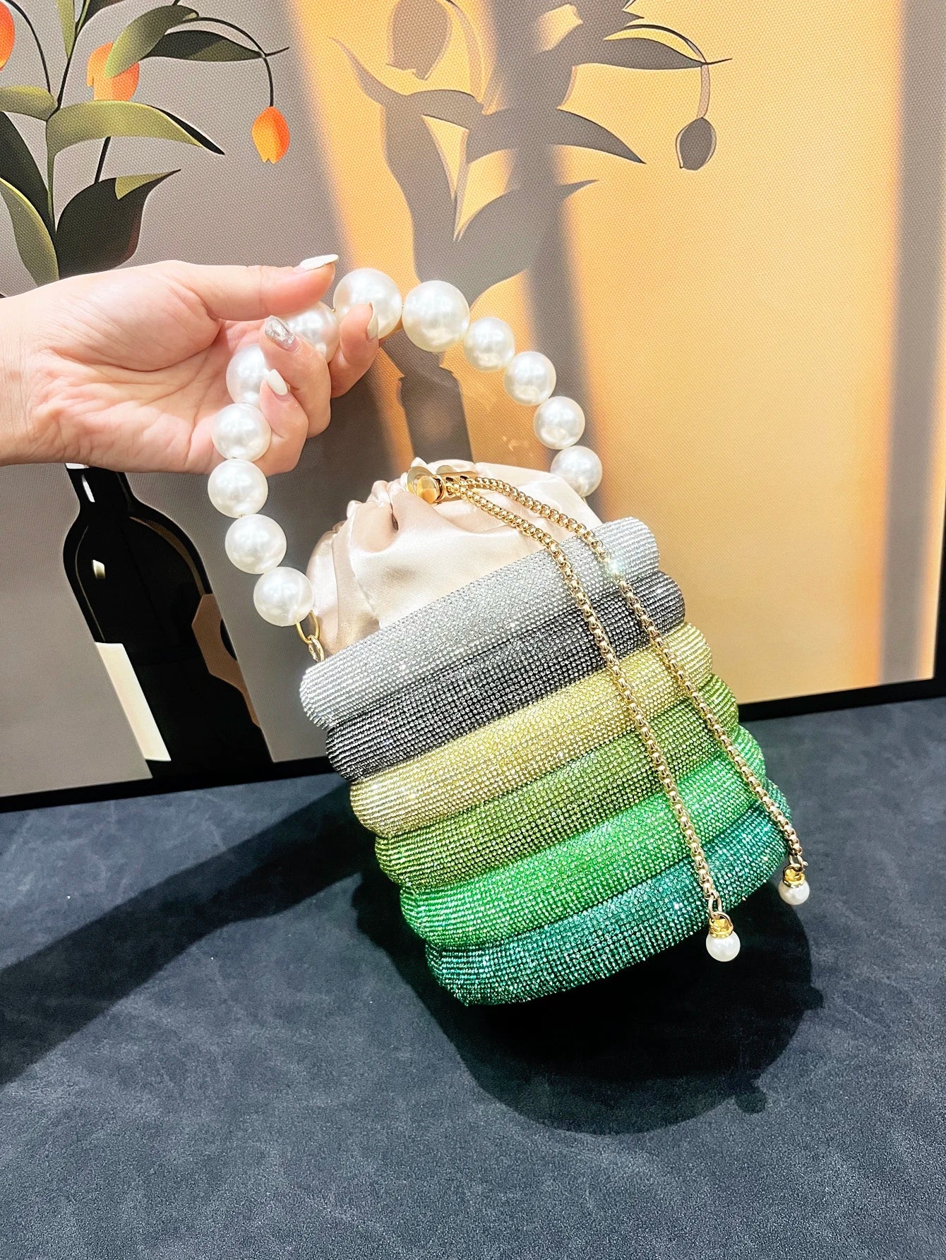 Bolsa de mão de noite com strass feita à mão, bolsa de ombro de designer de luxo, bolsa de mão de cristal brilhante, bolsa balde